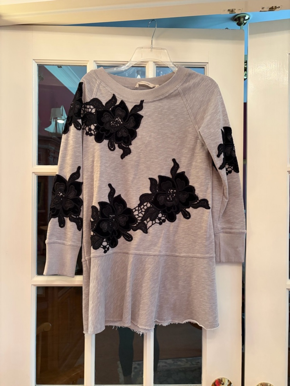 Soft Surroundings Light Gray Sweatshirt with Black Floral Appliqué